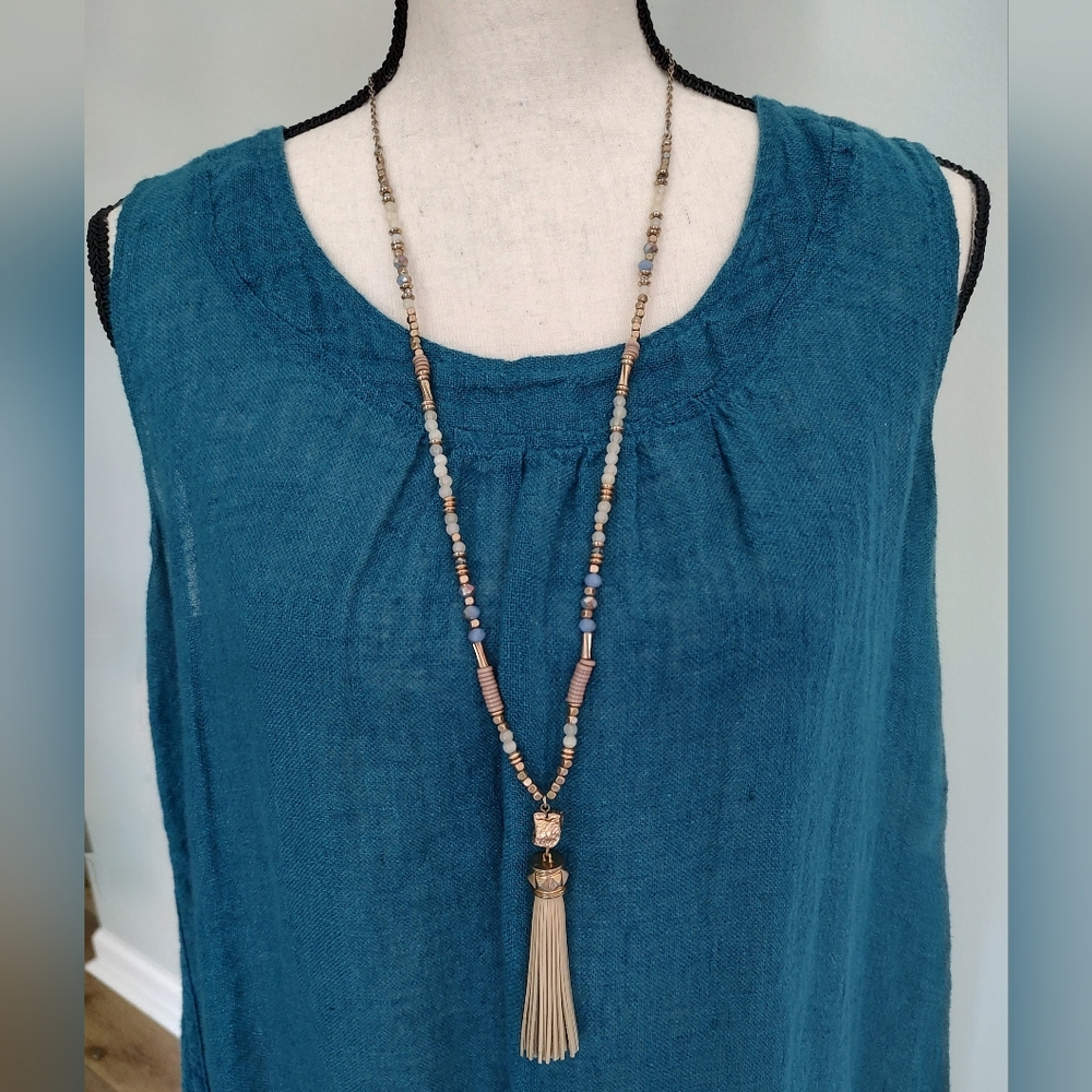 Beaded Tassel And Nugget Necklace Gold And Tan Tone Adjustable Length